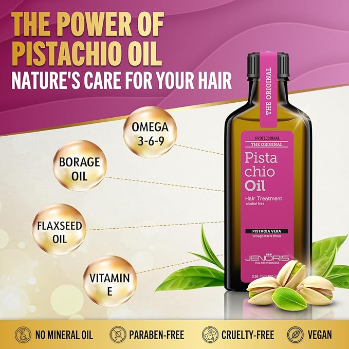 Jenoris Pistachio Oil Hair Serum for Frizzy and Damaged Hair, Lightweight Hair Oil for Dry Hair with Omega 3-6-9 Complex, Anti-Frizz Hair Serum for Shine, Hydration & Split-End Treatment, 3.38 fl.oz
