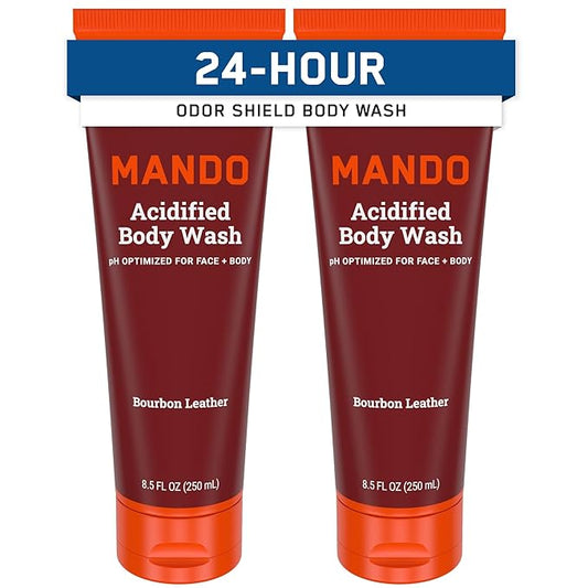 Mando Odor Shield Body Wash - 24 Hour Control - Removes Odor Better than Soap - SLS Free, Paraben Free, Skin Safe - 8.5 Ounce (Pack of 2) (Bourbon Leather)