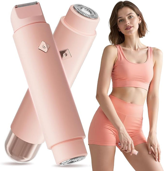 2 in1 Bikini Trimmer for Women, Dual-Head Electric Razor & Painless Hair Removal - Waterproof Cordless Lady Shaver for Body, Face Underarm, Intimate Areas, Facial Bikini Shaver (Pink)