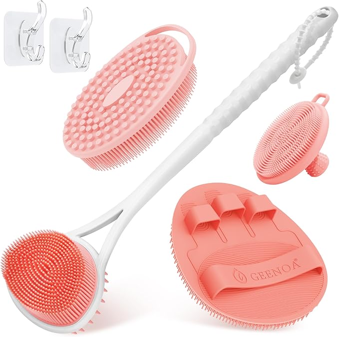 Silicone Back Body Face Scrubbers Set 4PCS, 15.35’’ Back Scrubber Soft Body Scrubber for Dual-Side Usage, Easy-to-Hold Soft Bath Glove & Face Scrubber for Good Foaming Deep Cleaning(Pink)