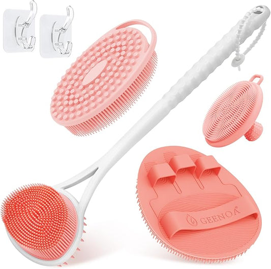 Silicone Back Body Face Scrubbers Set 4PCS, 15.35’’ Back Scrubber Soft Body Scrubber for Dual-Side Usage, Easy-to-Hold Soft Bath Glove & Face Scrubber for Good Foaming Deep Cleaning(Pink)