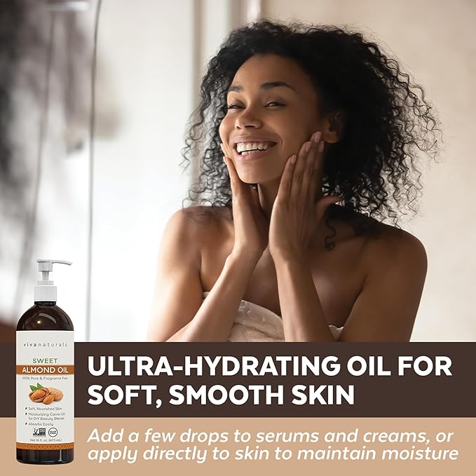 Viva Naturals Sweet Almond Oil for Skin - Body Oil, Hair Moisturizer and Relaxing Massage and Oil, Carrier Oil for Essential Oils Mixing, Non-Greasy Pure Sweet Almond Oil for Hair and Skin, 16 fl oz