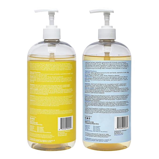Dr. Natural Castile Liquid Soap - Multi-Use Body Wash, Shampoo, Face Wash - Hydrating Body Soap for Skin, Hair - Peppermint, Unscented Baby- 2 pc