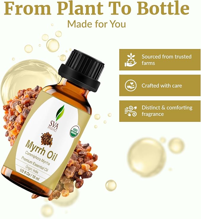 SVA Myrrh Essential Oil Organic – 1/3 Fl Oz – 100% Natural Organic Myrrh Oil - for Diffuser, Hair Care, Face, Skin Care, Aromatherapy, Scalp and Body Massage, Soap and Candle Making