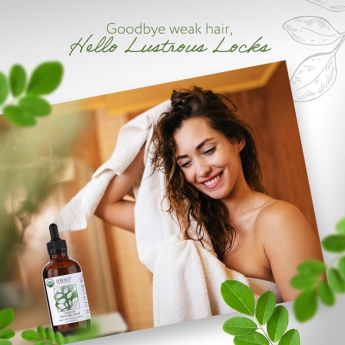 HBNO California Bottled Organic Moringa Oil 4 fl oz (120ml) Value Size - USDA Certified Organic Moringa Oil, Cold Pressed Carrier Oil for Face, Body, Lips, Nails, Shampoo & Conditioner