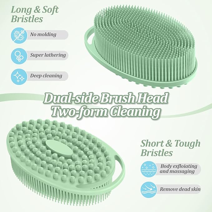 Silicone Back & Body & Face Scrubber Set 3PCS, Gentle Exfoliating Back & Body Scrubber with Dual-Side Brush Head, Hygienic Silicone Loofahs with Soft Bristle and Non-Slip Handle(Green-3PC)
