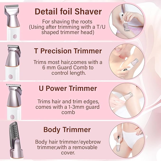 Bikini Trimmer for Women and Men,5-in-1 Wet/Dry Body Hair Trimmer,Gentle Hair Removal Shaver for Full Body Groomer,Electric Razor Shaver with USB Charge Dock-No Nick, No Cut, No Razor Burn,Pink