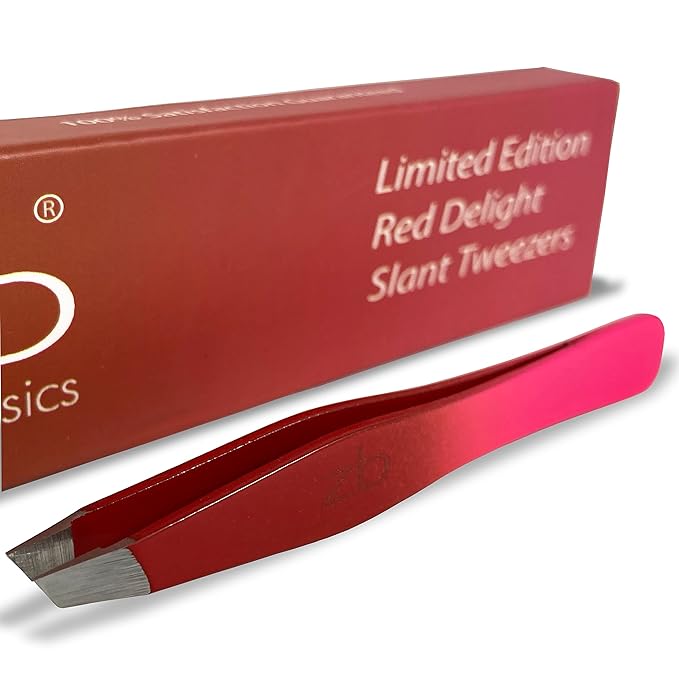 Tweezers - Limited Edition Red Delight Slant Tip - Best Tweezer for Eyebrow, Facial Hair Removal and your Precision Needs