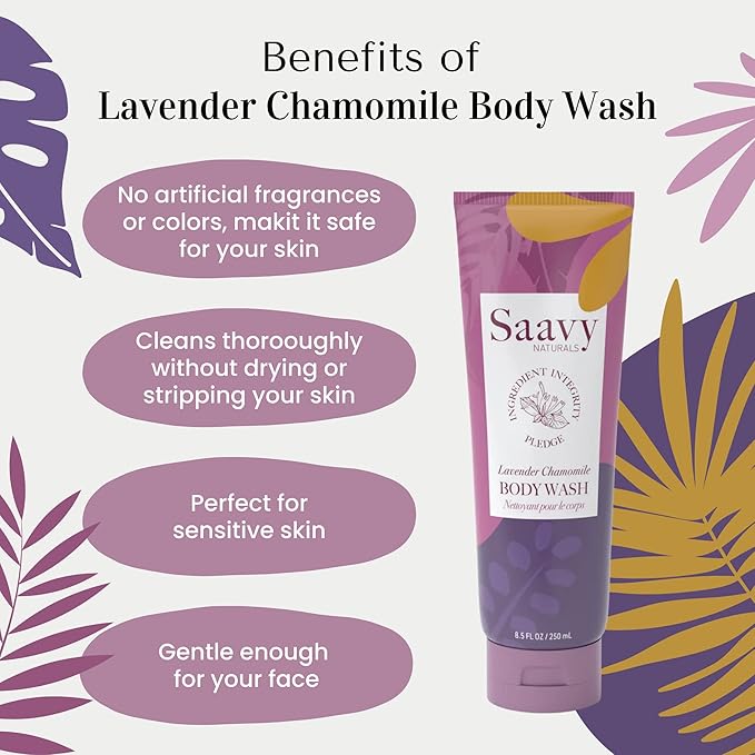 Saavy Naturals Lavender Chamomile Body Wash, Moisturizing Shower Gel for Women and Men, Vegan Formula with Coconut Oil, Shea Butter, and Aloe Vera - 8.5 Fl Oz, 2 Pack