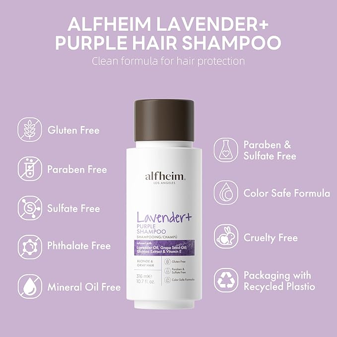 ALFHEIM Lavender+ Purple Shampoo | Neutralizes Brass & Yellow Tones | Sulfate-Free, Color-Safe Formula | For Blonde, Silver & Highlighted Hair | Hydrating & Smoothing | 10.7 oz