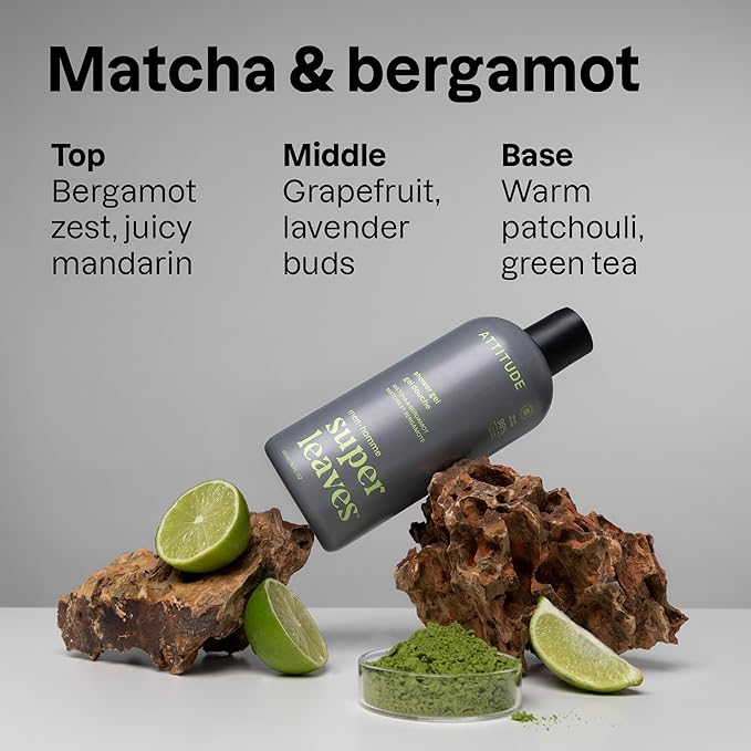 ATTITUDE Shower Gel Body Wash for Men, 98% Natural Origin Ingredients, Paraben & Phthalate Free, EWG Verified, Cleanses Without Drying, Matcha & Bergamot, 14 Fl Oz (Pack of 3)