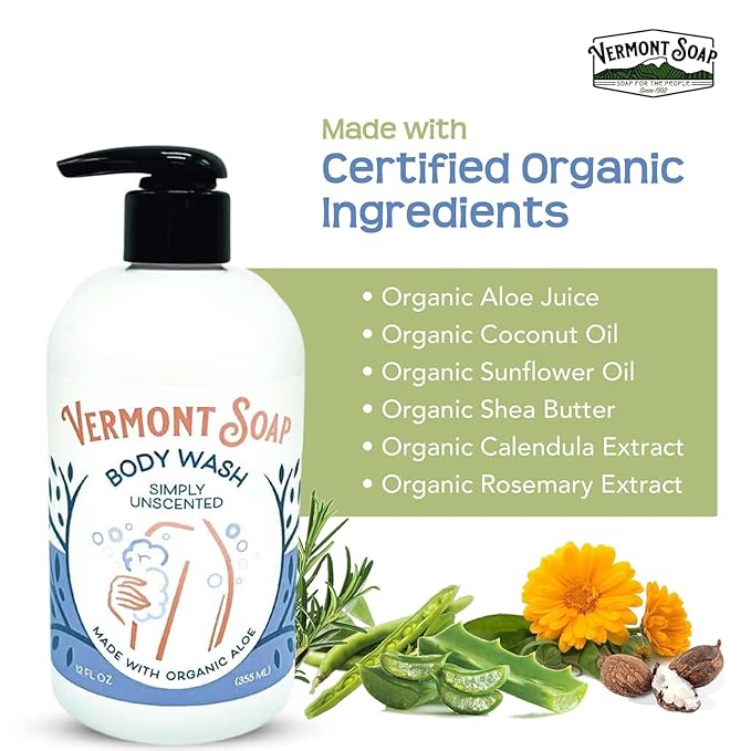 VERMONT SOAP Body Wash, Natural Body Wash with Shea Butter, Mild Gel Body Wash for Moisturizing and Soothing Skin, Fragrance Free Body Wash for Women & Men (Simply Unscented, 12oz)