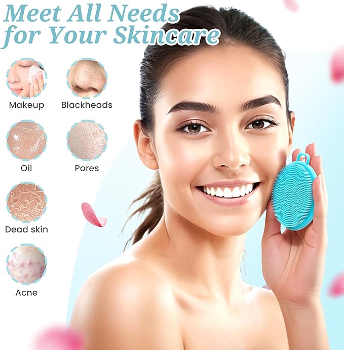 Silicone Back & Body & Face Scrubber Set 3PCS, Gentle Exfoliating Back & Body Scrubber with Dual-Side Brush Head, Hygienic Silicone Loofahs with Soft Bristle and Non-Slip Handle(Blue-3PC)