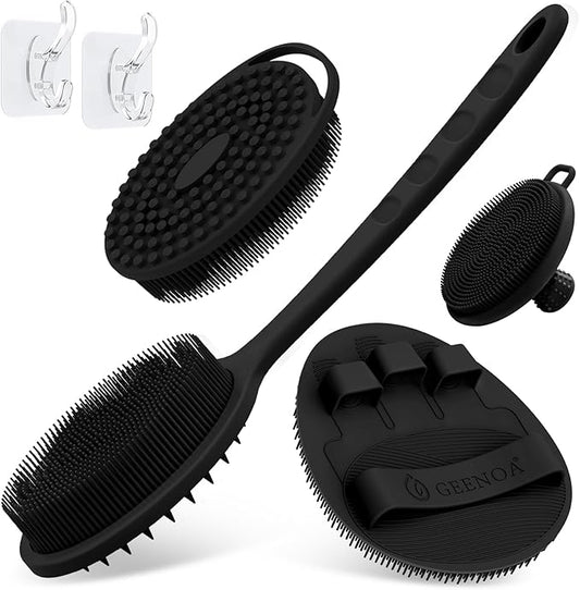 Silicone Back/Body/Face Scrubber & Soft Bath Glove Set 4PCS, Gentle Exfoliating Back & Body Scrubber with Dual-Side Brush Head, Hand-fit Bath Glove & Face Scrubber for Deep Cleaning(Black-4PC)