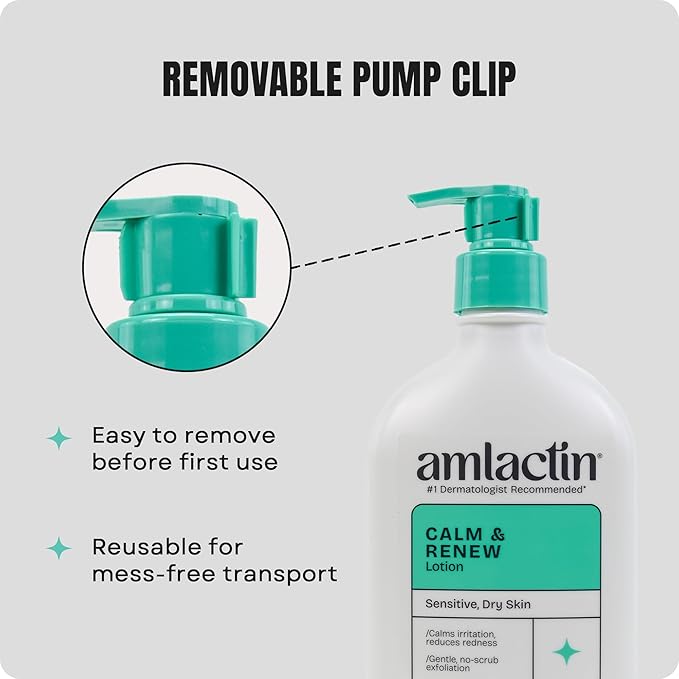 AmLactin Calm & Renew Lotion, 14.1 oz - Therapeutic Body and Face Moisturizer for Sensitive Skin - Exfoliator and Body Lotion for Dry Skin with Lactic Acid AHA and Soothing Ginger Root