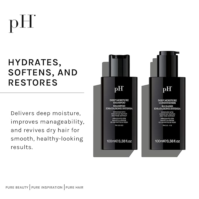 pH PURE HAIR Deep Moisture Shampoo and Conditioner Set - Hydrating and Moisturizing Shampoo and Conditioner - Dry Hair - Enriched with Kokum Nut Butter and Rose Extract (3.38 Oz each)