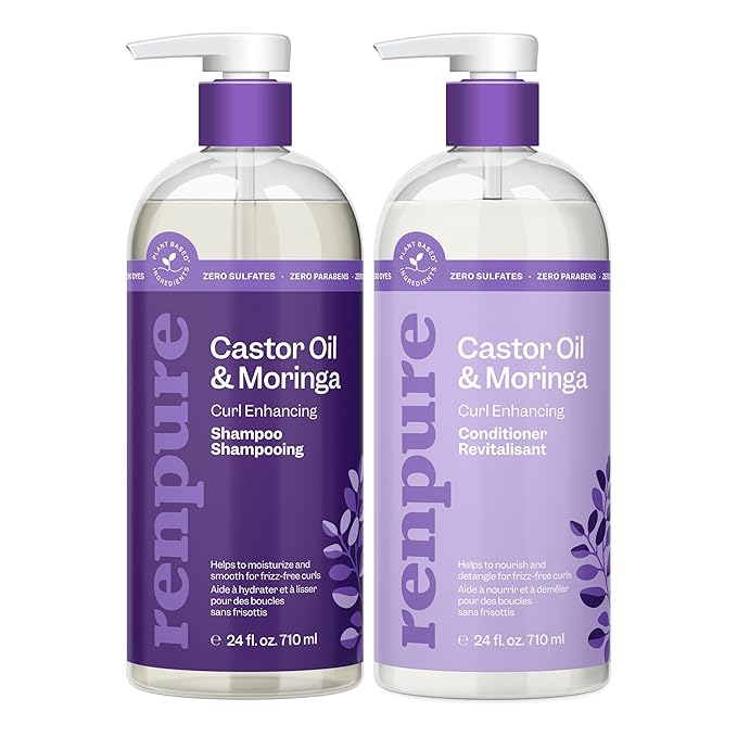 Renpure Castor Oil & Moringa Shampoo & Conditioner Set, Plant-Based - Curl Enhancing - Moisturized, Manageable & Frizz-Free Curls - Castor & Moringa Seed Oil - Wavy to Curly Hair-24 Fl Oz each,2 Pack