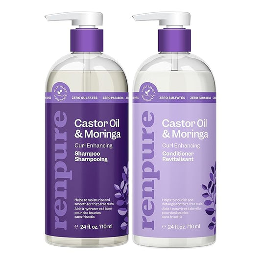 Renpure Castor Oil & Moringa Shampoo & Conditioner Set, Plant-Based - Curl Enhancing - Moisturized, Manageable & Frizz-Free Curls - Castor & Moringa Seed Oil - Wavy to Curly Hair-24 Fl Oz each,2 Pack