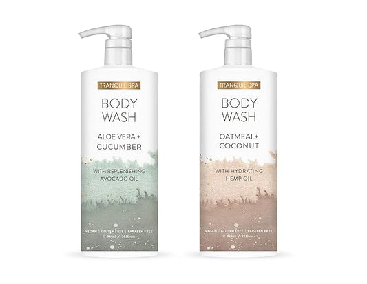 Tranquil Spa Body Wash Duo, Aloe Vera + Cucumber, Oatmeal + Coconut | Two 32oz bottles | Home and Body Company