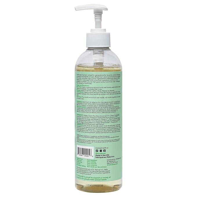 Dr. Natural Castile Liquid Soap - Multi-Use Body Wash, Shampoo and Face Wash - Hydrating Body Soap for Skin, Hair, Pets and Home - Eucalyptus - 16 oz