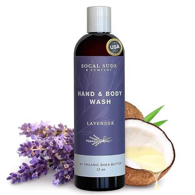 SoCal Suds & Company Organic Shea Butter Body Wash – Lavender Liquid Soap for Hand & Body, Moisturizing Shower Gel, Daily Body Wash for Women, Men & Unisex, Gentle Skin Care & Protection - (12oz)