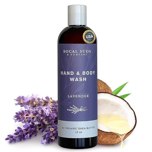 SoCal Suds & Company Organic Shea Butter Body Wash – Lavender Liquid Soap for Hand & Body, Moisturizing Shower Gel, Daily Body Wash for Women, Men & Unisex, Gentle Skin Care & Protection - (12oz)