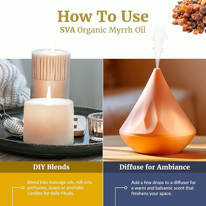 SVA Myrrh Essential Oil Organic – 1/3 Fl Oz – 100% Natural Organic Myrrh Oil - for Diffuser, Hair Care, Face, Skin Care, Aromatherapy, Scalp and Body Massage, Soap and Candle Making