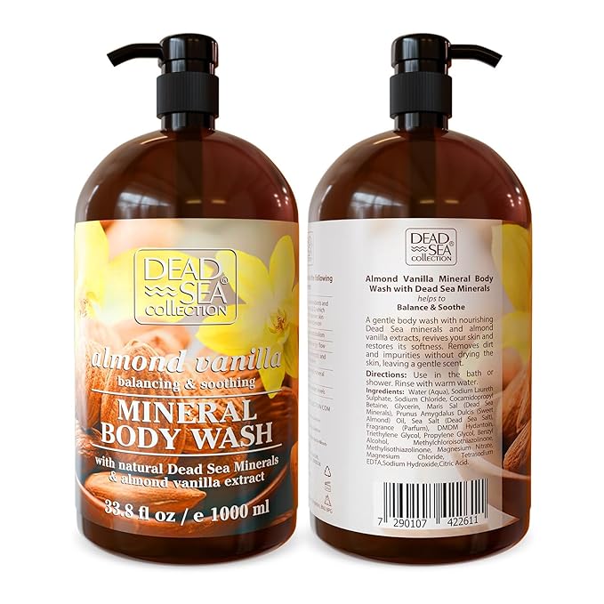 Dead Sea Collection Almond Vanilla Body Wash for Women and Men – Almond Vanilla Scent with Dead Sea Minerals – Moisturizing Shower Gel for Dry & Sensitive Skin – 33.8 fl oz