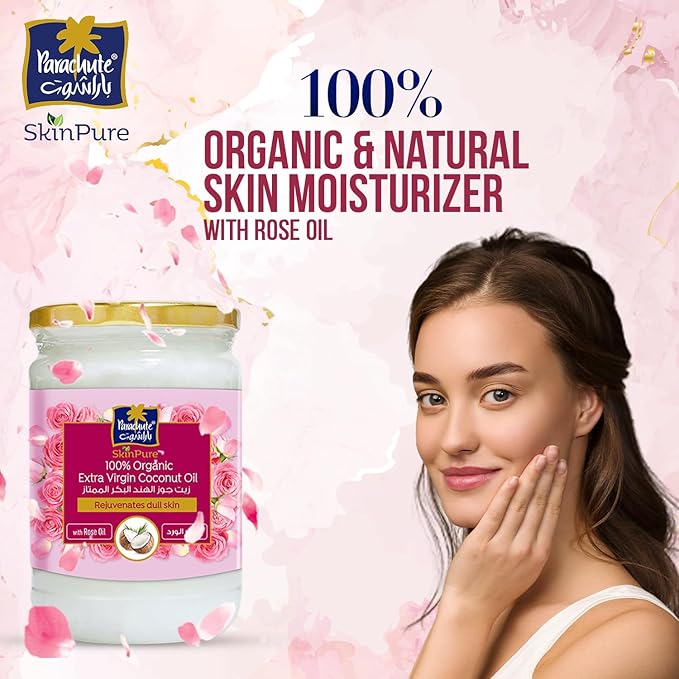 Parachute Advansed SkinPure 100% Organic Extra Virgin Coconut Oil with Rose Oil |Face & Body Oil Moisturizer |Boosts Collagen| Cold Pressed | 6.7 fl.oz | Glass Jar (Pack of 2)
