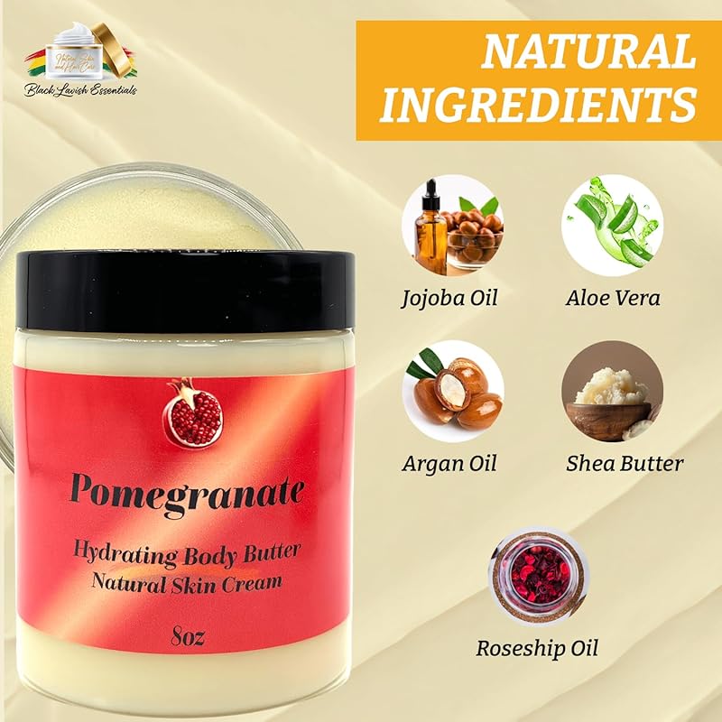 Ultra-Soft Shea Body Butter, Dry Skin Cream for Radiant Moisturized Skin, Natural Hydrating Body Lotion with Aloe Vera, Argan Oil, Rosehip Oil, (Pomegranate, 8oz)