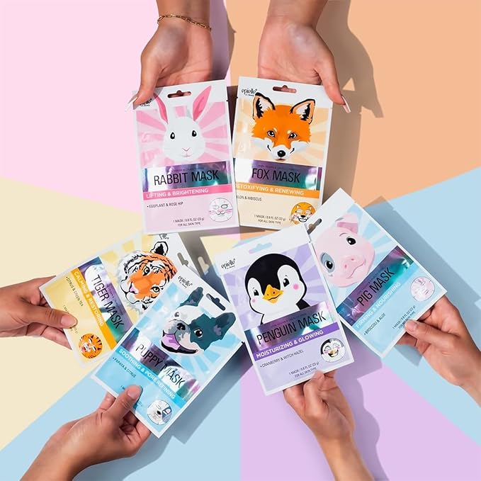 Epielle Animal Character Sheet Masks Pig 6 Pack, Firming & Nourishing Face Mask Skincare with Broccoli & Aloe, Girls Spa Party Favors, Sleepover, Self Care Gifts for Women, Korean Skin Care