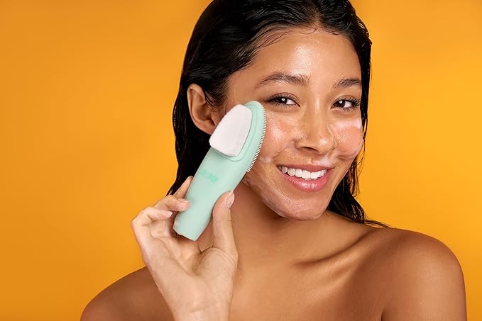 LOLLIPOP Dual-Sided Facial Cleansing Brush | Handle Size Silicone Face Exfoliator and Soft Fiber Cleanser | Manual Face Scrubber for Pores, Makeup Removal, Blackhead and Skincare Routine, Minty