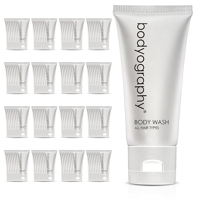 Bodyography blanc- Bulk Body Wash | 50 Count, 1.4oz | Vanilla White Tea, Mini Travel Size Toiletries (100% Recyclable Tube with Flip Top Cap) Hotel Amenities.
