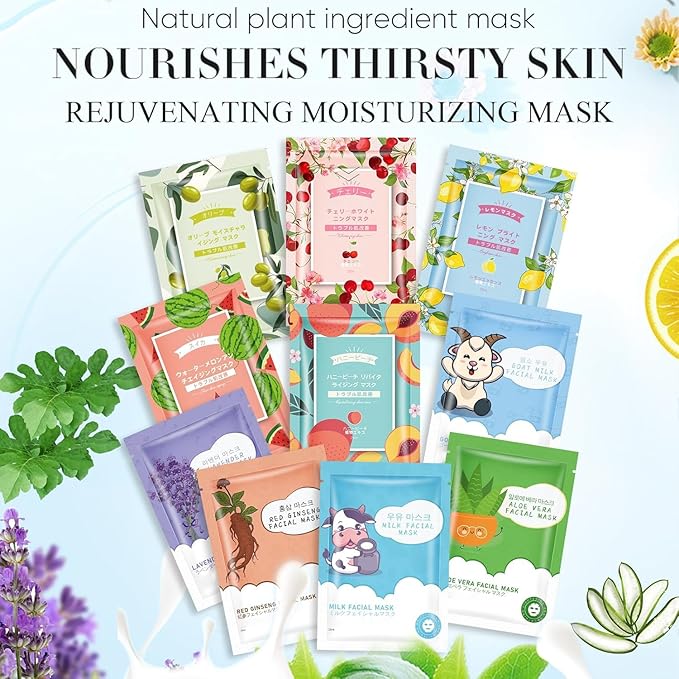 30 Sheets Face Masks Skincare for All Skin Types, Hydrating Face Masks Suitable for All Skin Types, Sheet Masks with Natural Ingredients, Facial Masks for Women Skin Care, Face Mask for Spa