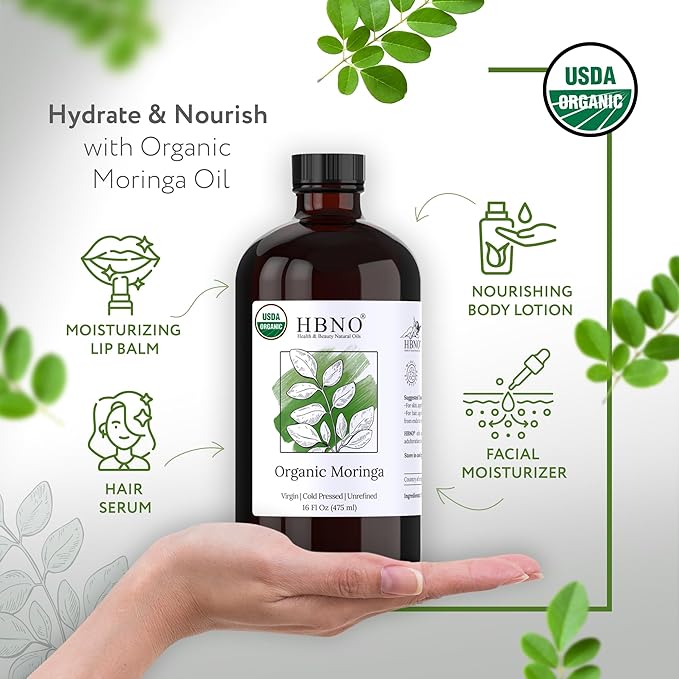 HBNO Organic Moringa Oil - 16 oz (475ml) Value Size - Ideal for Shampoos, Conditioners, Lip Balms, Face wash, Lotions, and Skin Care Products (Glass Bottle)