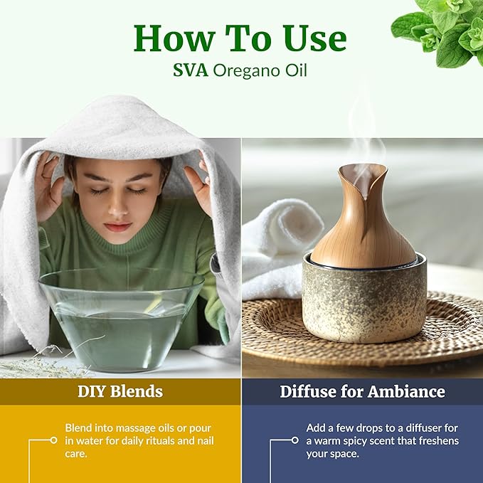 SVA Oregano Essential Oil – 4 Fl Oz – 100% Natural Oregano Oil - for Diffuser, Hair Care, Face, Skin Care, Aromatherapy, Scalp and Body Massage, Soap and Candle Making – with Dropper