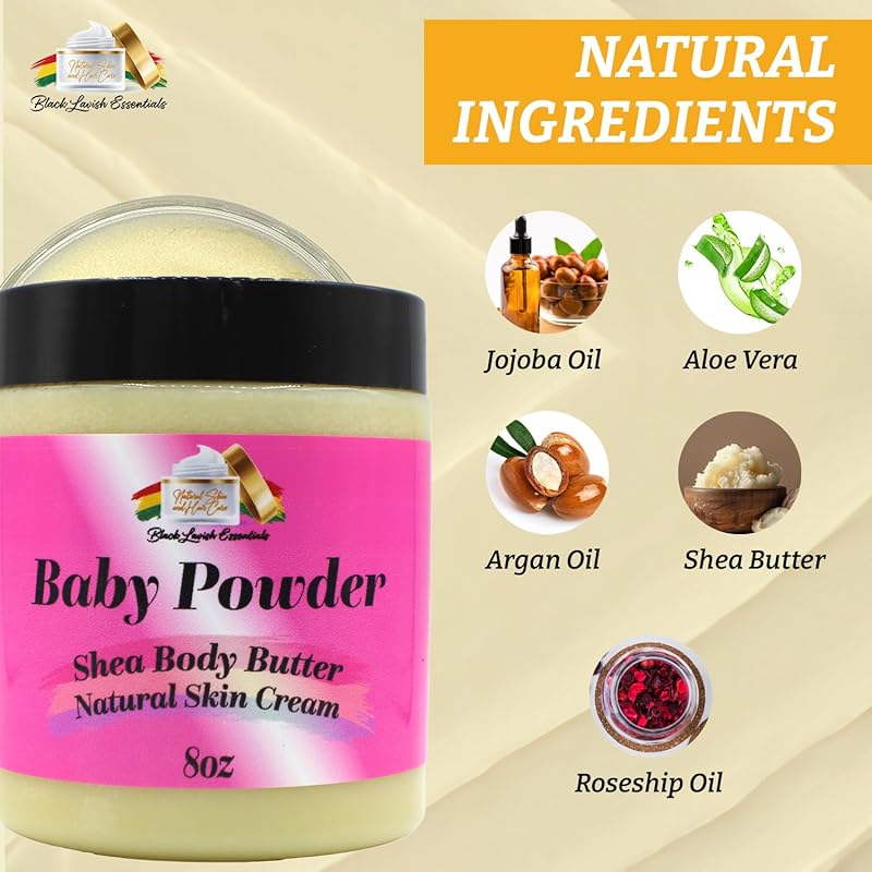 Ultra-Soft Shea Body Butter, Dry Skin Cream for Radiant Moisturized Skin, Natural Hydrating Body Lotion with Aloe Vera, Argan Oil, Rosehip Oil, (Baby Powder, 8oz)