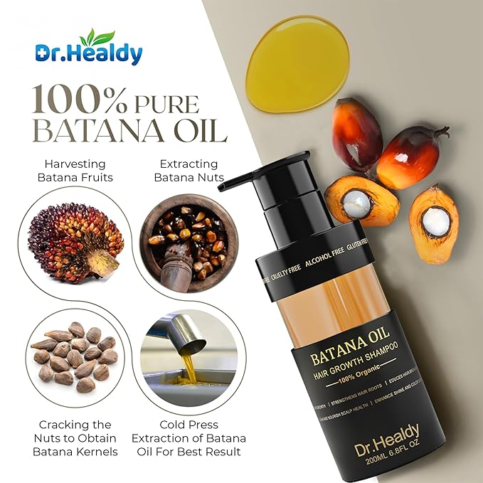 Dr.Healdy Batana Oil Shampoo for Hair Growth, Against Hair Loss & Moisturizes, Reduces Breakage - Sulfate Free Formula for All Hair Types (6.8 Fl Oz)