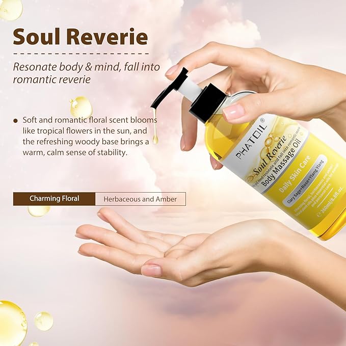 260ML YlangYlang Body Massage Oil for with Clary Sage and Rose Oil, Large Bottle Body & Facial Oil for Nourishing Skin, Muscle, Scented Body Oil for After Shower(8.8FL.OZ)