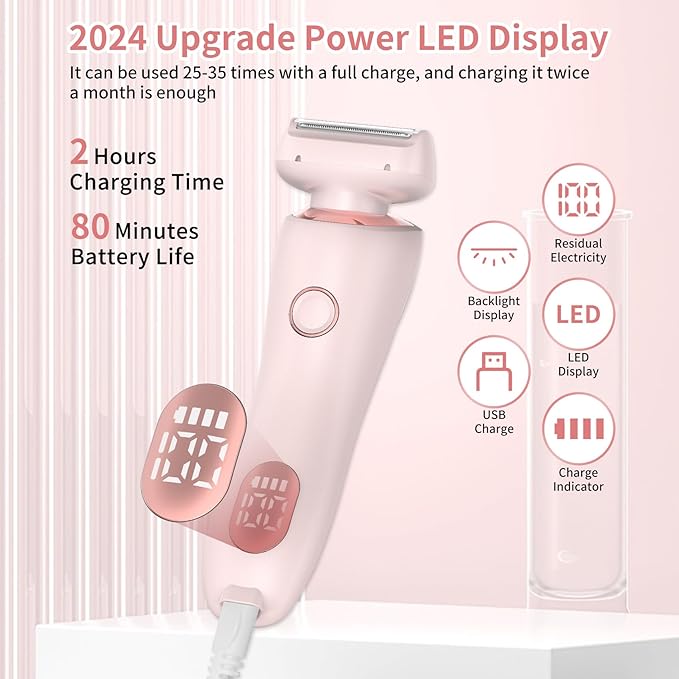 Livora Electric Shaver for Women, 2 in 1 Wet & Dry Bikini Trimmer with 2 Removable Heads, The Glide Pro 3.0 Razor, Painless Hair Removal for Bikini, Legs, Underarms, Body (Pink)