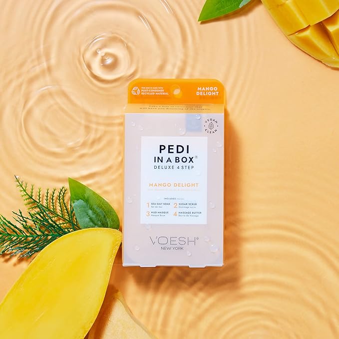 VOESH Pedi in a Box 4 Step Fruity Trio - 3 Pack of Mango Delight, Tangerine Twist & Vitamin Recharge Pedis, Home Pedicure, Vegan Foot Care, DIY Pedi