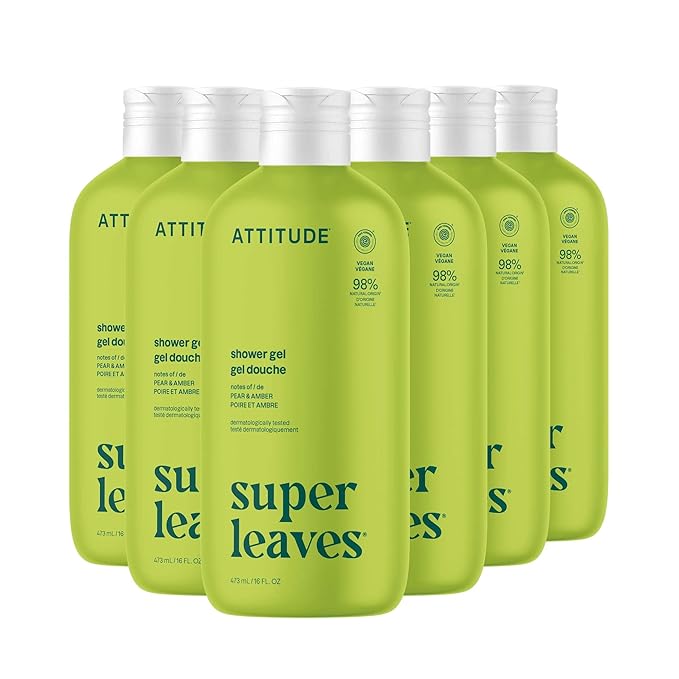 ATTITUDE Body Wash, EWG Verified Shower Gel, Dermatologically Tested, Plant and Mineral-Based, Vegan Personal Care Products, Olive Leaves, 16 Fl Oz (Pack of 6)