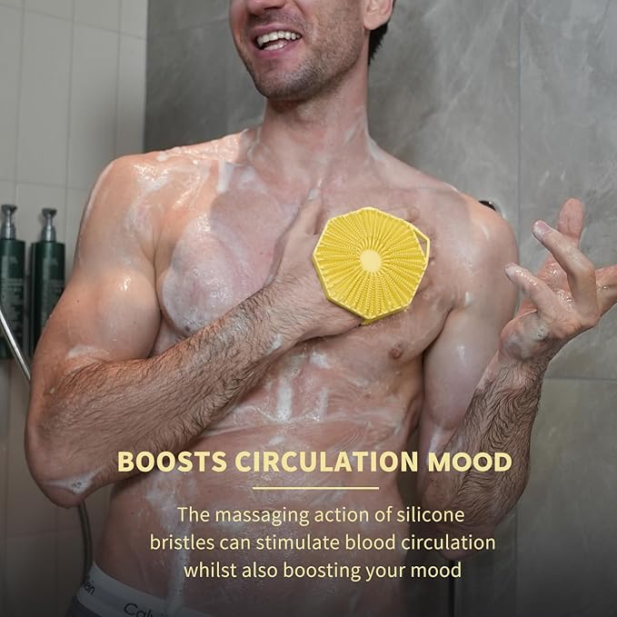 iTokGoK® Premium Silver-Infused Double-Sided Design 2-in-1 Silicone Body Scrubber for Men,Body Buffer Scrubber for Sensitive Skin, Ergonomic No-Slip Handle, Long-Lasting & Easy to Clean - Yellow