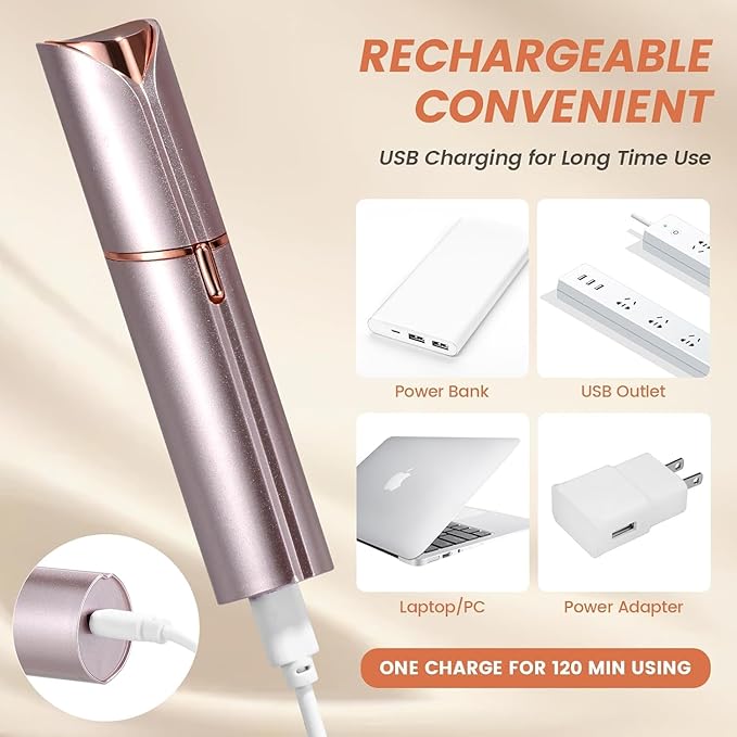 Facial Hair Removal for Women, Portable Painless Hair Remover Device, Rechargeable, with 2 Replacement Heads, for Face, Upper Lip and Chin