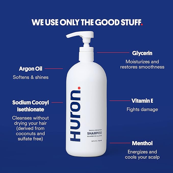 Huron Men's Fresh Scent Daily Shampoo - Keeps Hair Full & Strong - Nourishing Shampoo for Men's Hair with Argan Oil & Vitamins E and B7 - 32oz