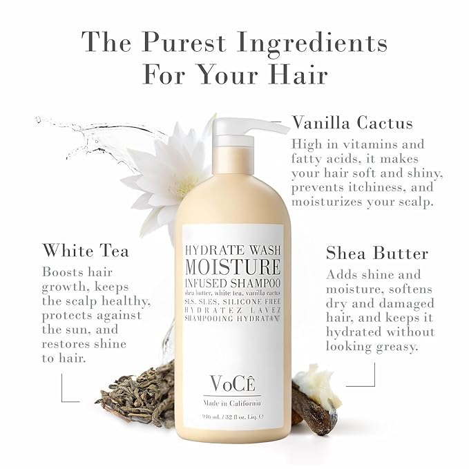 VoCÊ Natural Hydrating Shampoo for Dry, Frizzy Hair | Moisture-Infused Vegan Shampoo for Normal to Thick Hair - Non-Toxic, Cruelty-Free with Shea Butter, White Tea, Vanilla Cactus (32 oz | 946 ml)