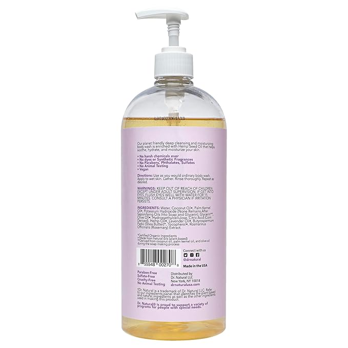 Dr. Natural Hemp Body Wash, Lavender, 32 oz - Pure Plant-Based Body Wash - Deep Cleansing and Moisturizing with Organic Shea Butter - Enriched with Hemp Seed Oil - Suitable for Sensitive Skin