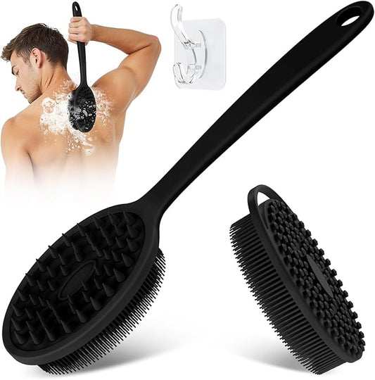 Silicone Back & Body Scrubber Set 2PCS, 13.4'' Gentle Exfoliating Back Scrubber with Dual-Side Head and Non-Slip Handle, Hygienic Silicone Loofah with Soft Bristles and Massage Dots(Black-2PC)