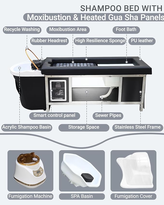 Head Spa Bed with Moxibustion & Heated Gua Sha Panels & Footbath, Massage Table Shampoo Bed Headspa Equipment with Fumigation and Water Cycle Hair Care (Foot Basin & Moxibustion)