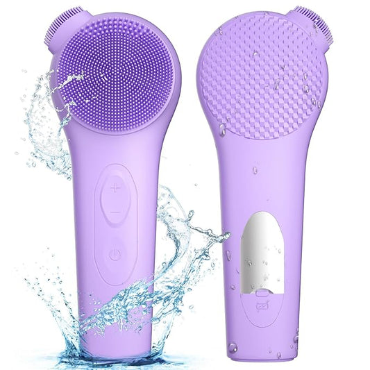 Silicone Face Scrubber, Waterproof Rechargeable Facial Cleansing Brush, 5 Cleansing Modes with Nose Brush for Women & Men Electric Face Wash Brush for Deep Cleaning Exfoliating, Massaging Purple